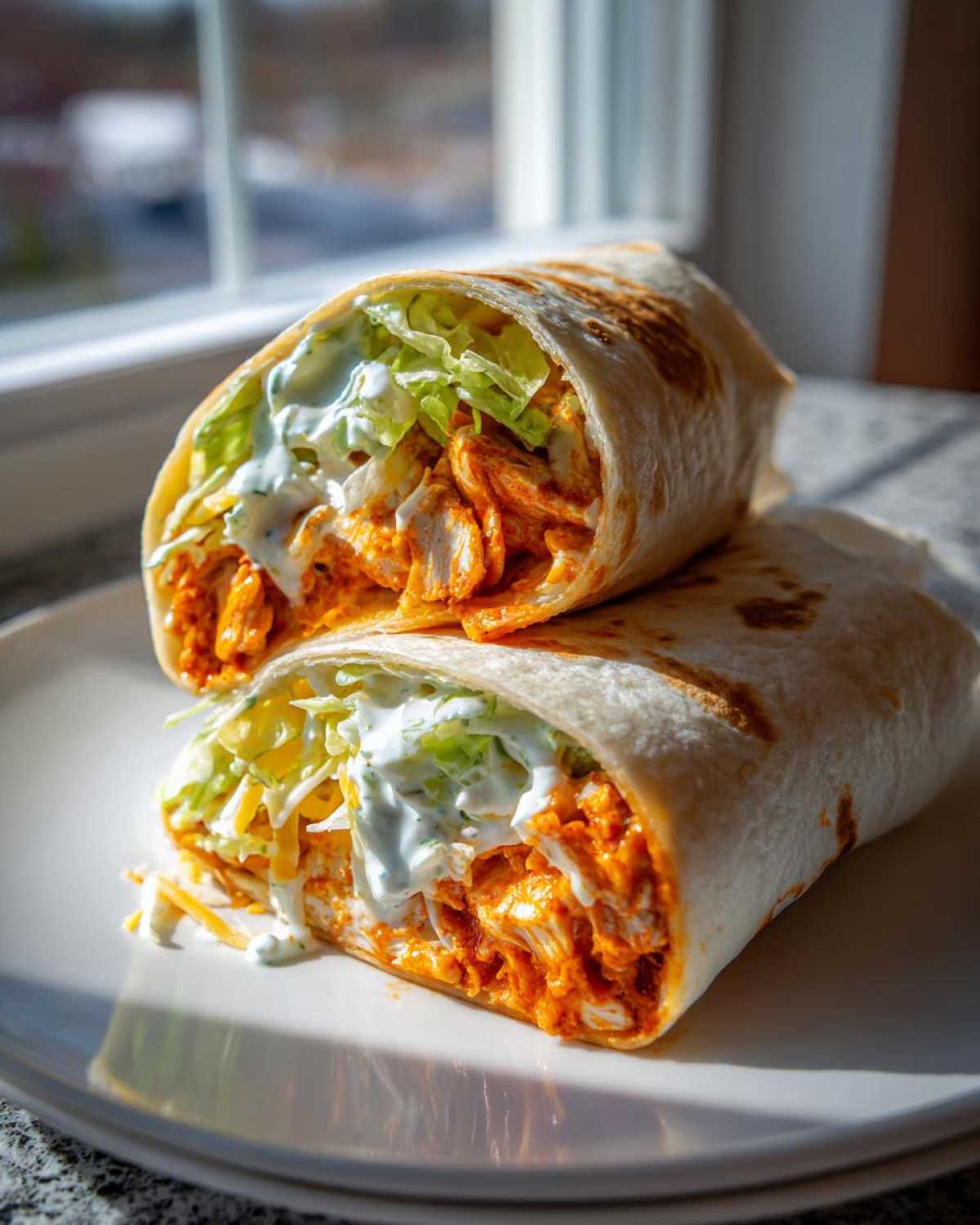 Two halves of a delicious buffalo chicken wrap, showing shredded spicy chicken, lettuce, cheese, and ranch dressing.