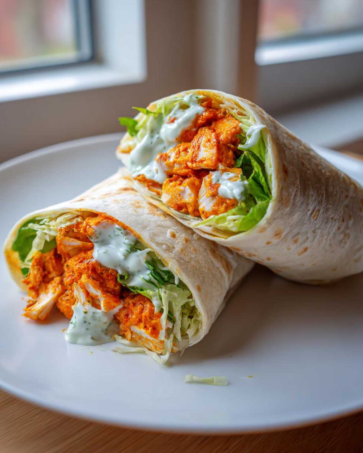 Two halves of a delicious buffalo chicken wrap filled with orange-sauced chicken, lettuce, and ranch dressing.