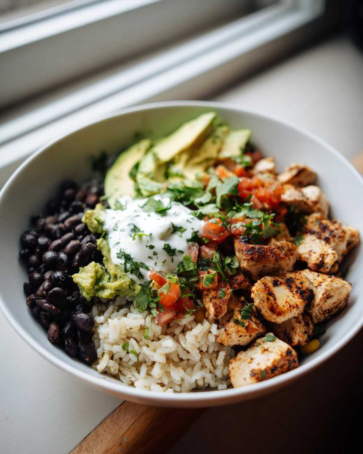 A vibrant chicken burrito bowl featuring seasoned chicken, brown rice, black beans, avocado, salsa, and sour cream.