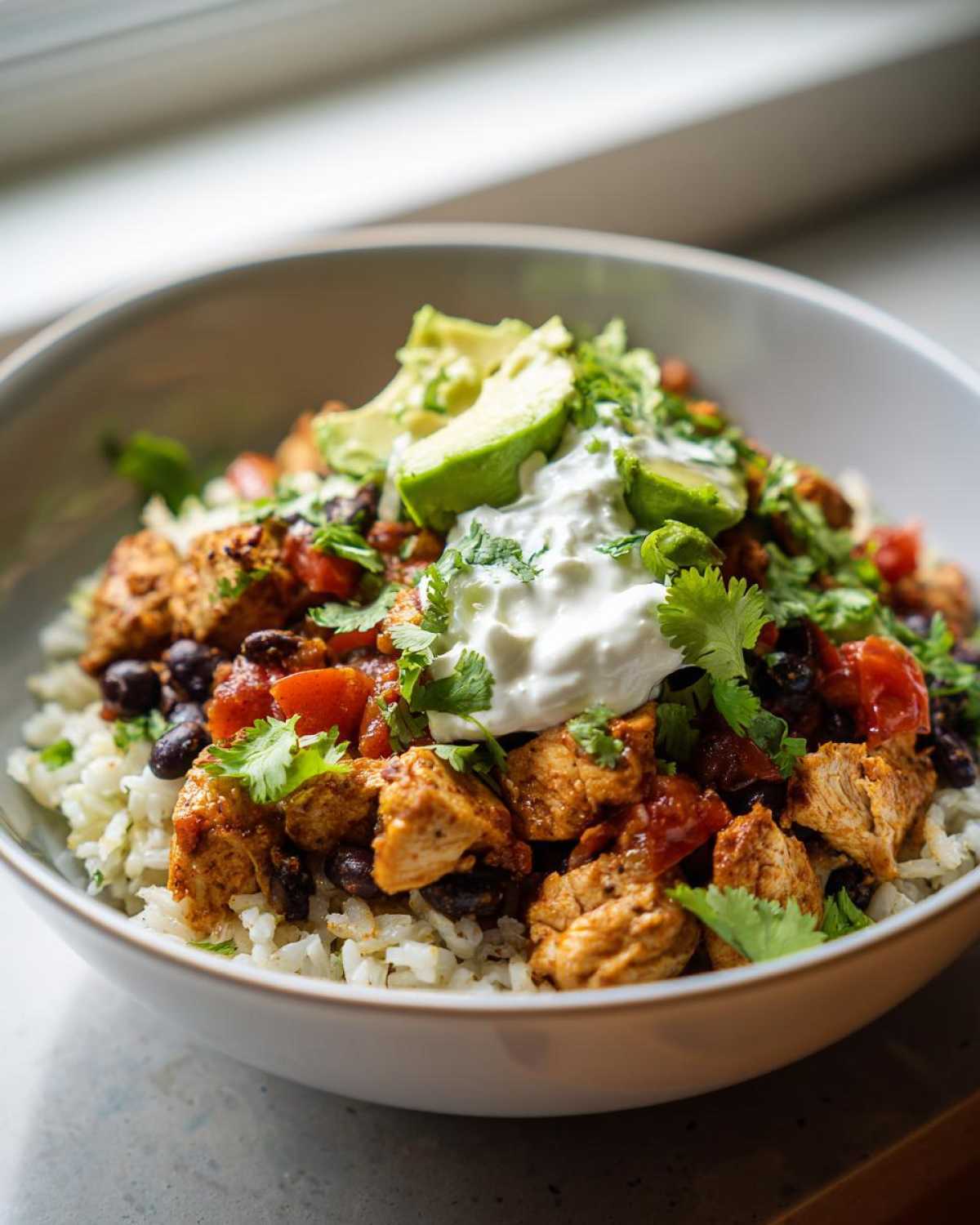 A close-up of a vibrant chicken burrito bowl served over rice, topped with black beans, salsa, sour cream, avocado, and cilantro.