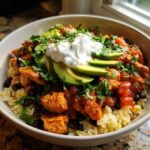 A vibrant chicken burrito bowl featuring seasoned chicken, rice, black beans, avocado slices, salsa, and a dollop of sour cream.