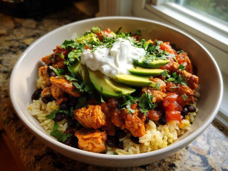 A vibrant chicken burrito bowl featuring seasoned chicken, rice, black beans, avocado slices, salsa, and a dollop of sour cream.