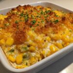 Close-up of a baked, creamy corn dip topped with golden brown breadcrumbs and fresh chives.