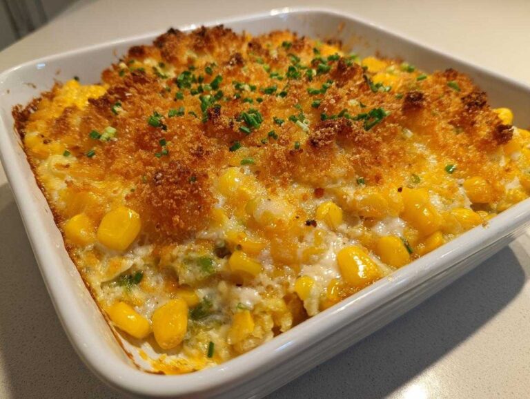Close-up of a baked, creamy corn dip topped with golden brown breadcrumbs and fresh chives.