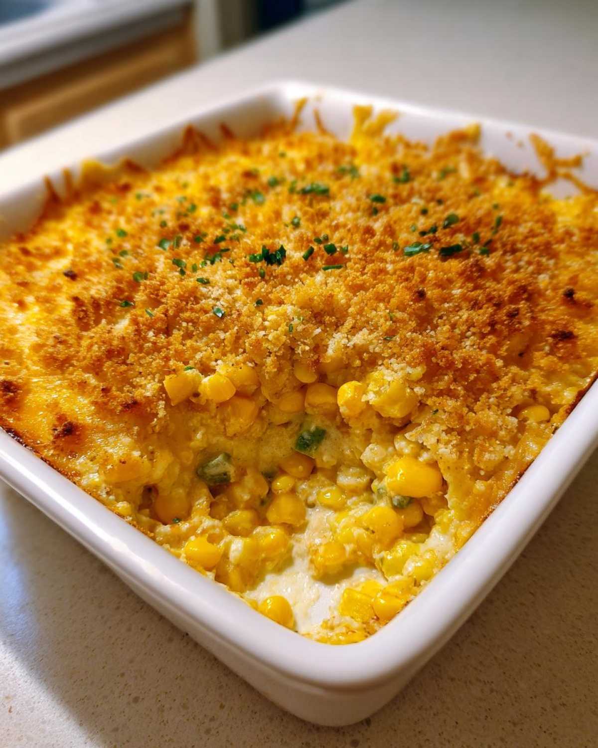 Close-up of a creamy, baked corn dip topped with golden breadcrumbs and green herbs in a white square dish.