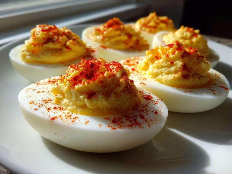 Close-up of several perfect deviled eggs on a white plate, topped with creamy filling and sprinkled with bright red paprika.