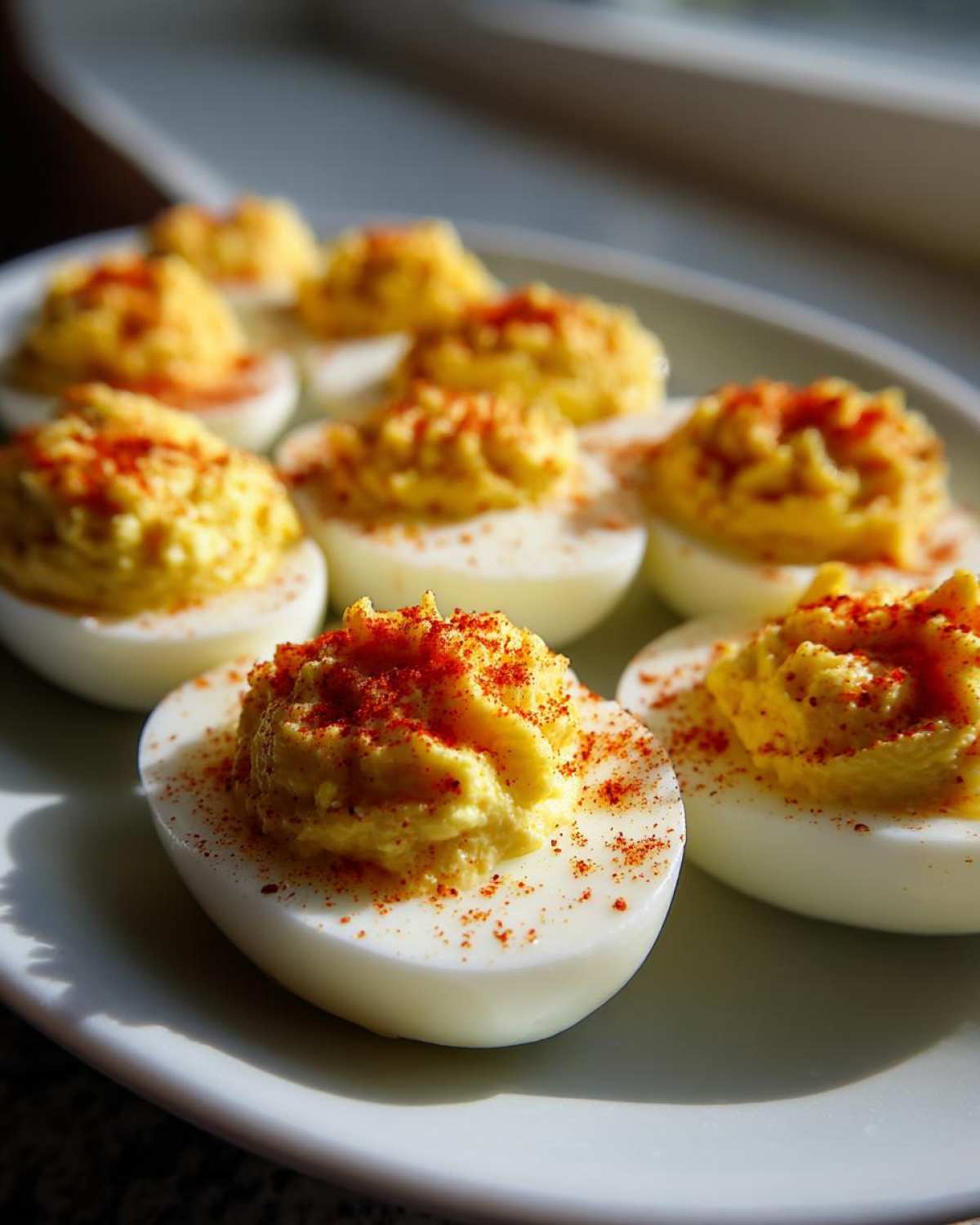 A plate of perfectly prepared deviled eggs, featuring creamy yellow filling piped high and dusted generously with bright red paprika.