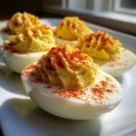 Close-up of four perfectly piped deviled eggs sprinkled generously with bright red paprika.