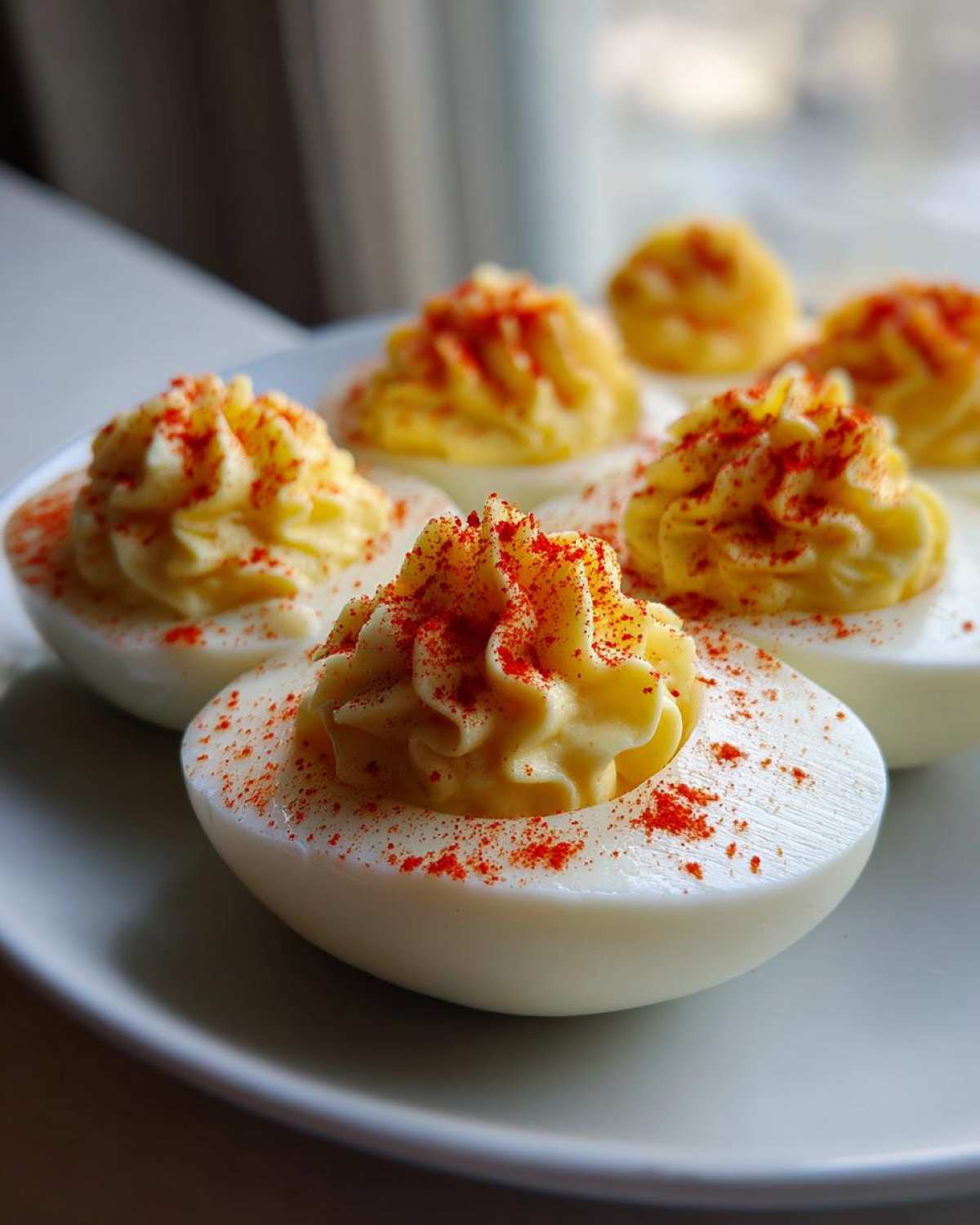 Close-up of several perfectly piped deviled eggs sprinkled with bright red paprika on a white plate.