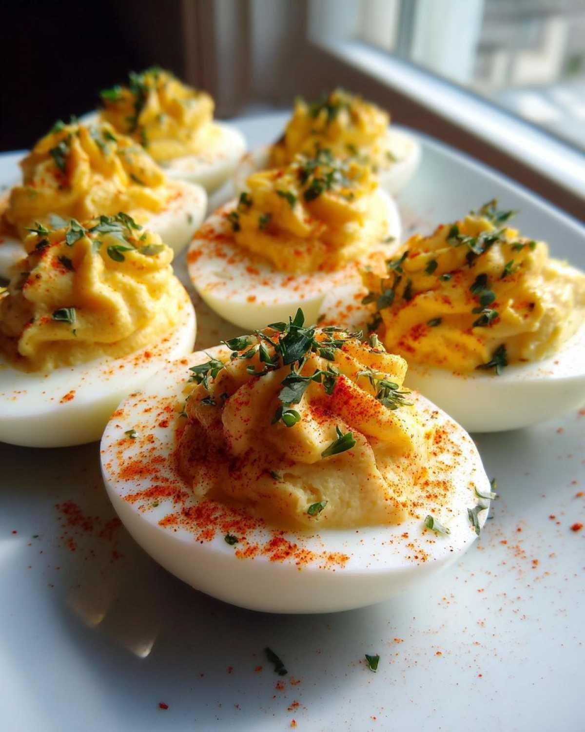 Close-up of several perfectly piped deviled eggs garnished with paprika and fresh green herbs.