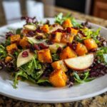 A close-up of a vibrant fall harvest salad featuring roasted butternut squash, apple slices, dried cranberries, and mixed greens.