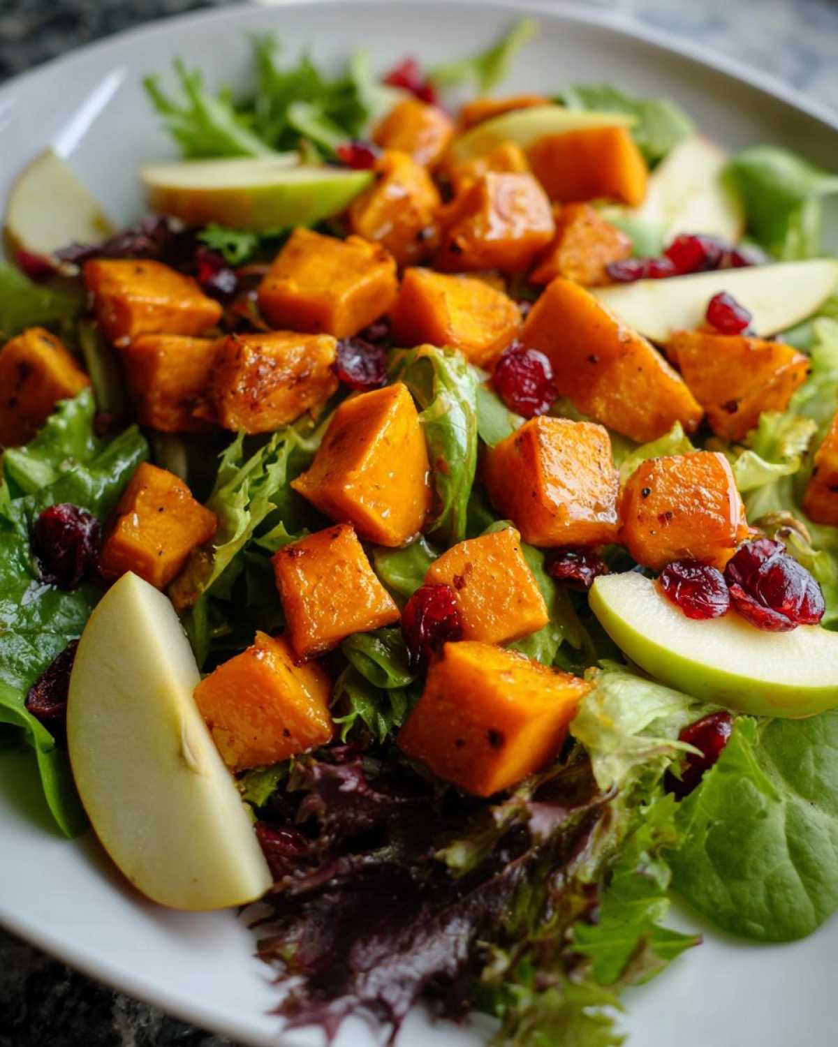 Close-up of an amazing fall harvest salad featuring roasted sweet potatoes, apple slices, and dried cranberries on mixed greens.