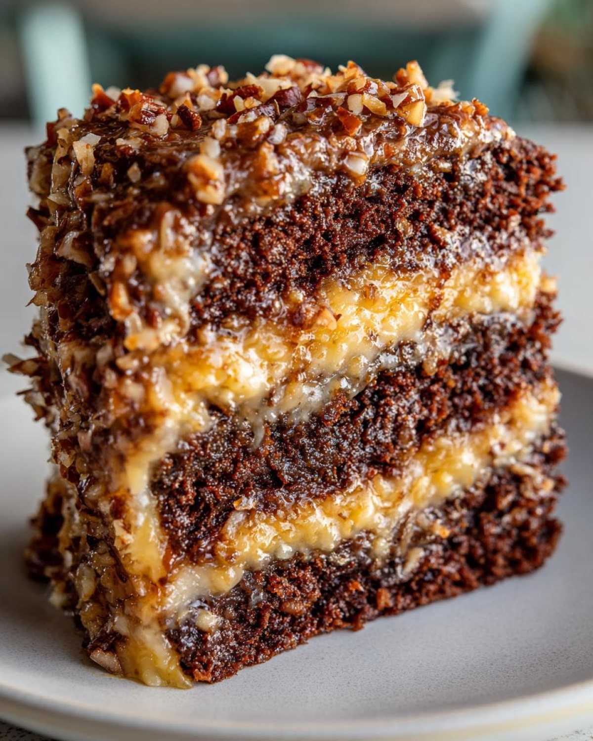 Close-up of a rich slice of german chocolate cake showing three dark chocolate layers separated by coconut pecan frosting.