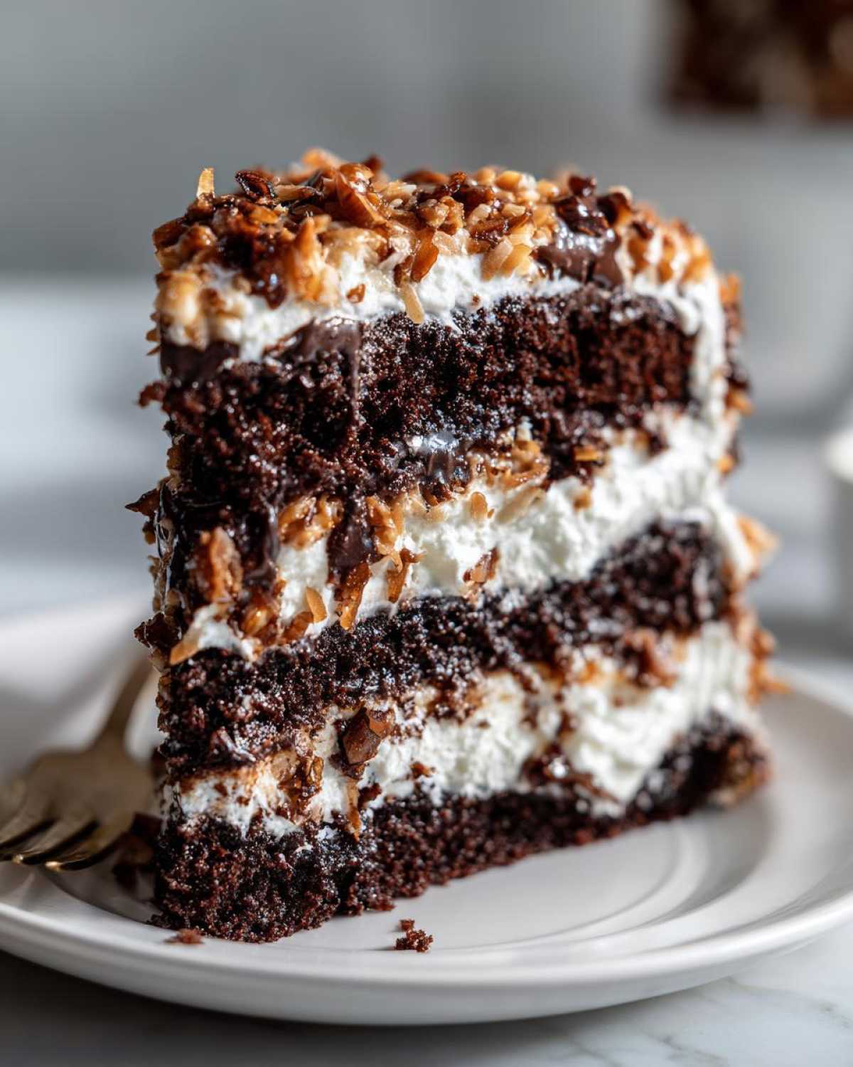 Close-up of a decadent slice of german chocolate cake with dark layers and coconut-pecan frosting.