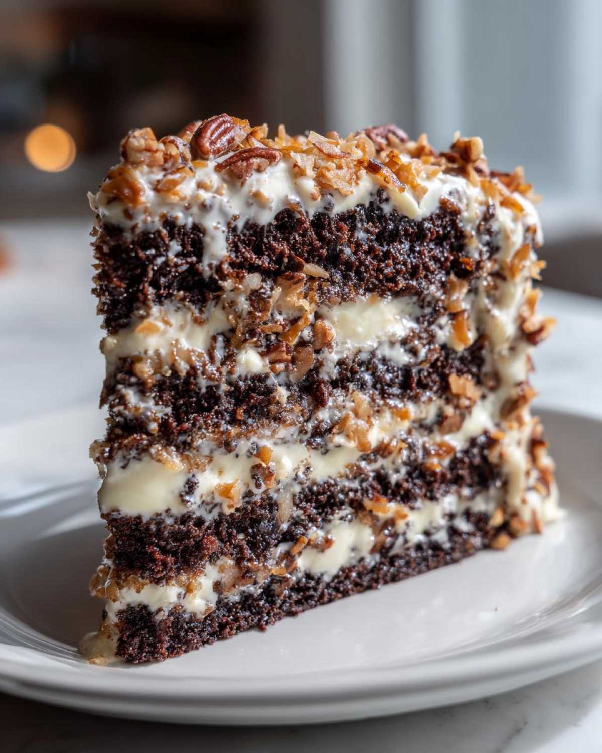 A tall slice of amazing german chocolate cake showing multiple dark layers and creamy frosting topped with pecans and coconut.