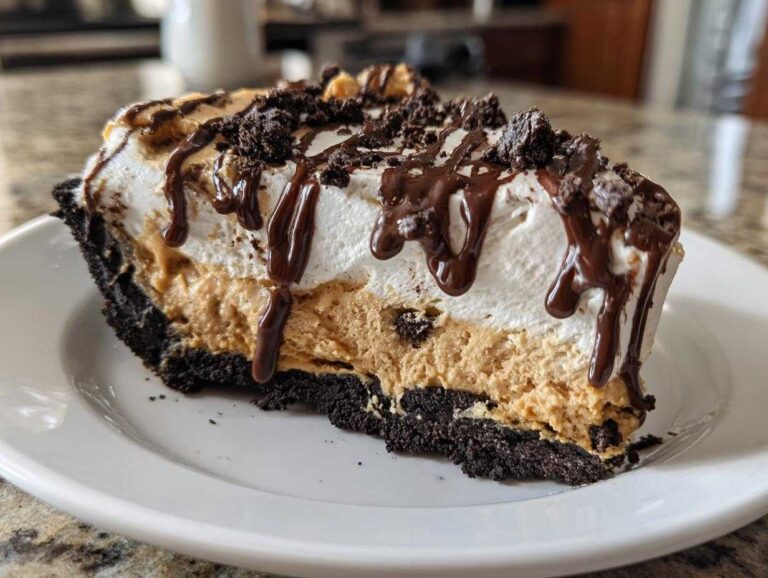 A decadent slice of layered ice cream pie featuring a dark crust, peanut butter filling, whipped topping, and chocolate drizzle.