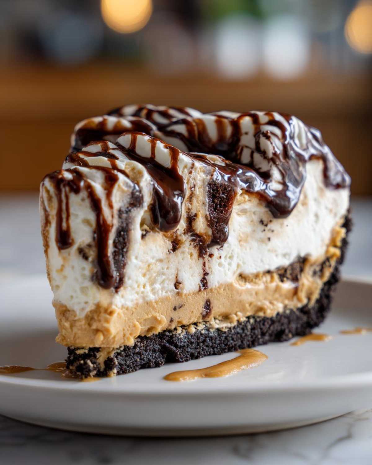 A decadent slice of ice cream pie featuring layers of peanut butter, cream, and a dark cookie crust, topped with whipped cream and chocolate syrup.