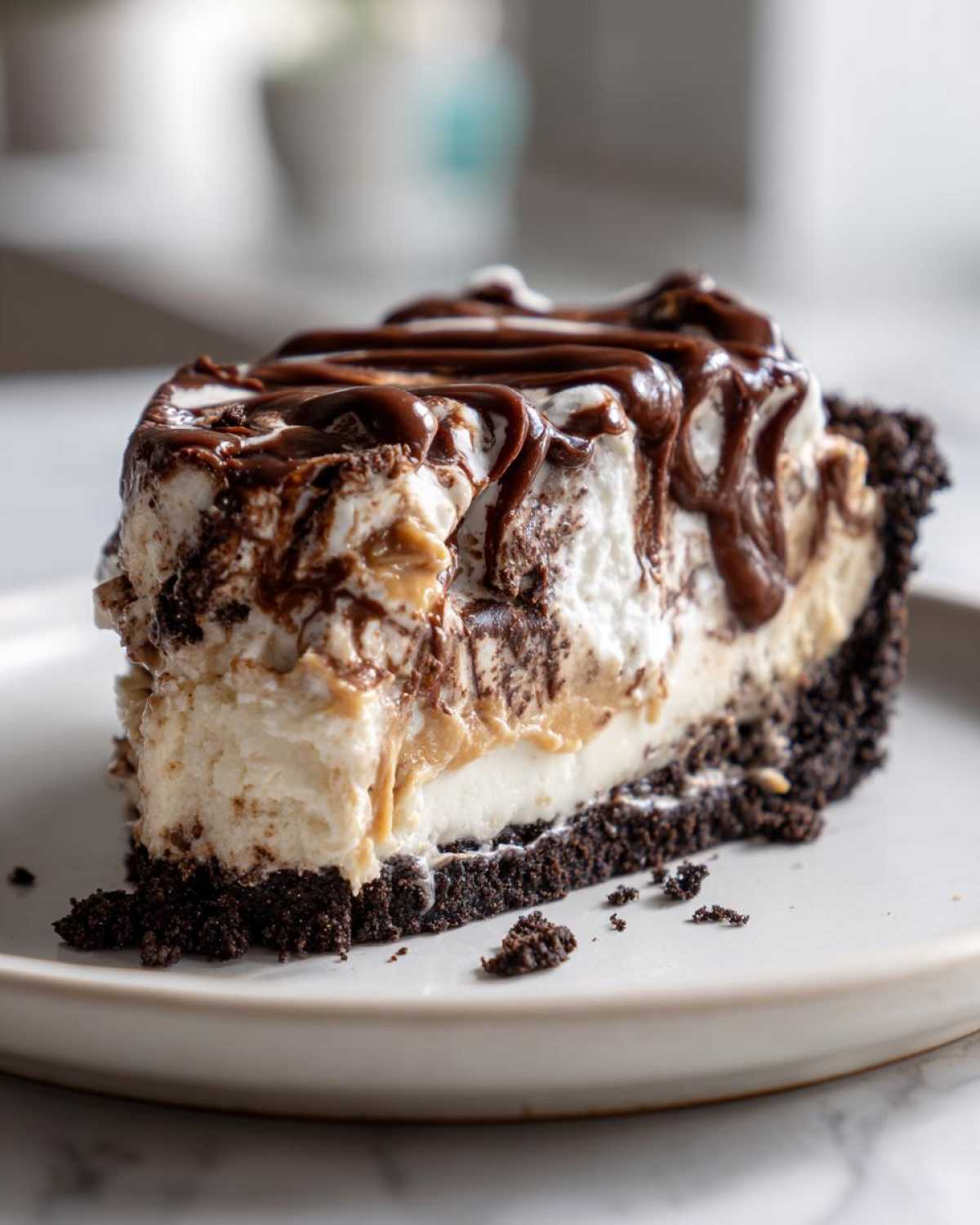 A decadent slice of ice cream pie featuring a dark crust, creamy filling, and rich chocolate sauce drizzled on top.