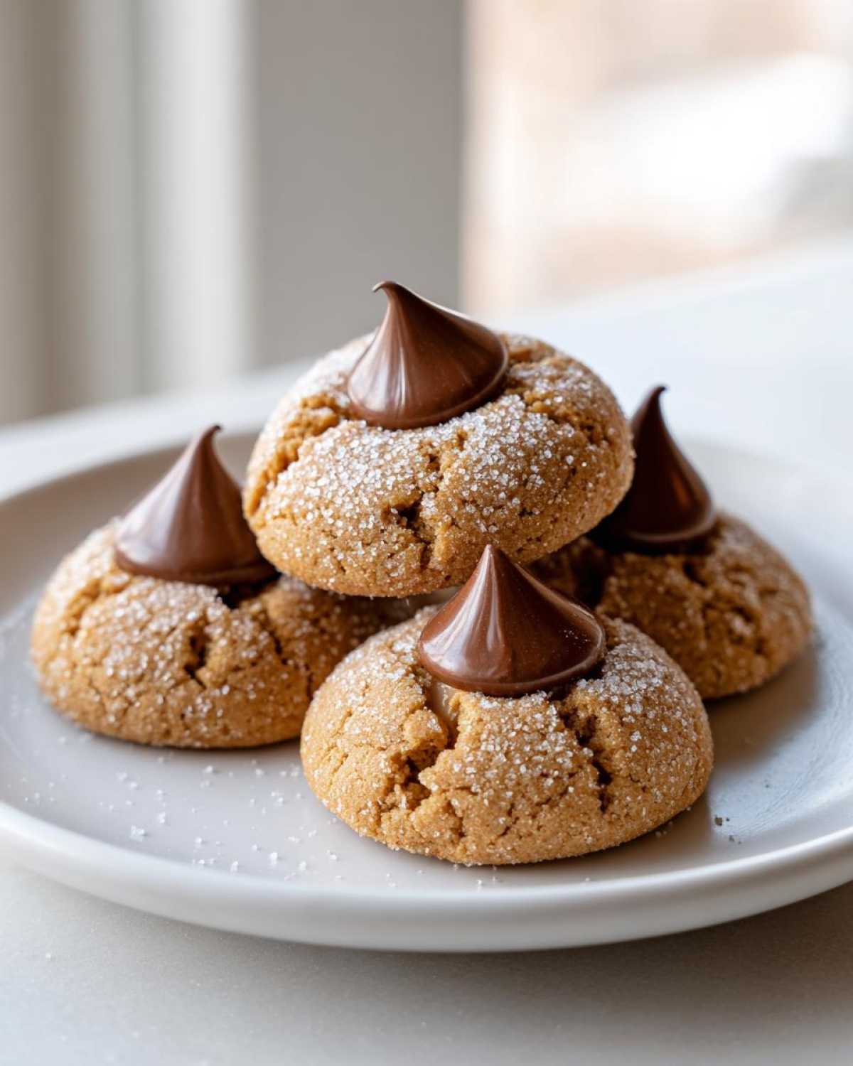 A stack of four peanut butter kiss cookies, rolled in sugar and topped with a chocolate kiss, ready to eat.