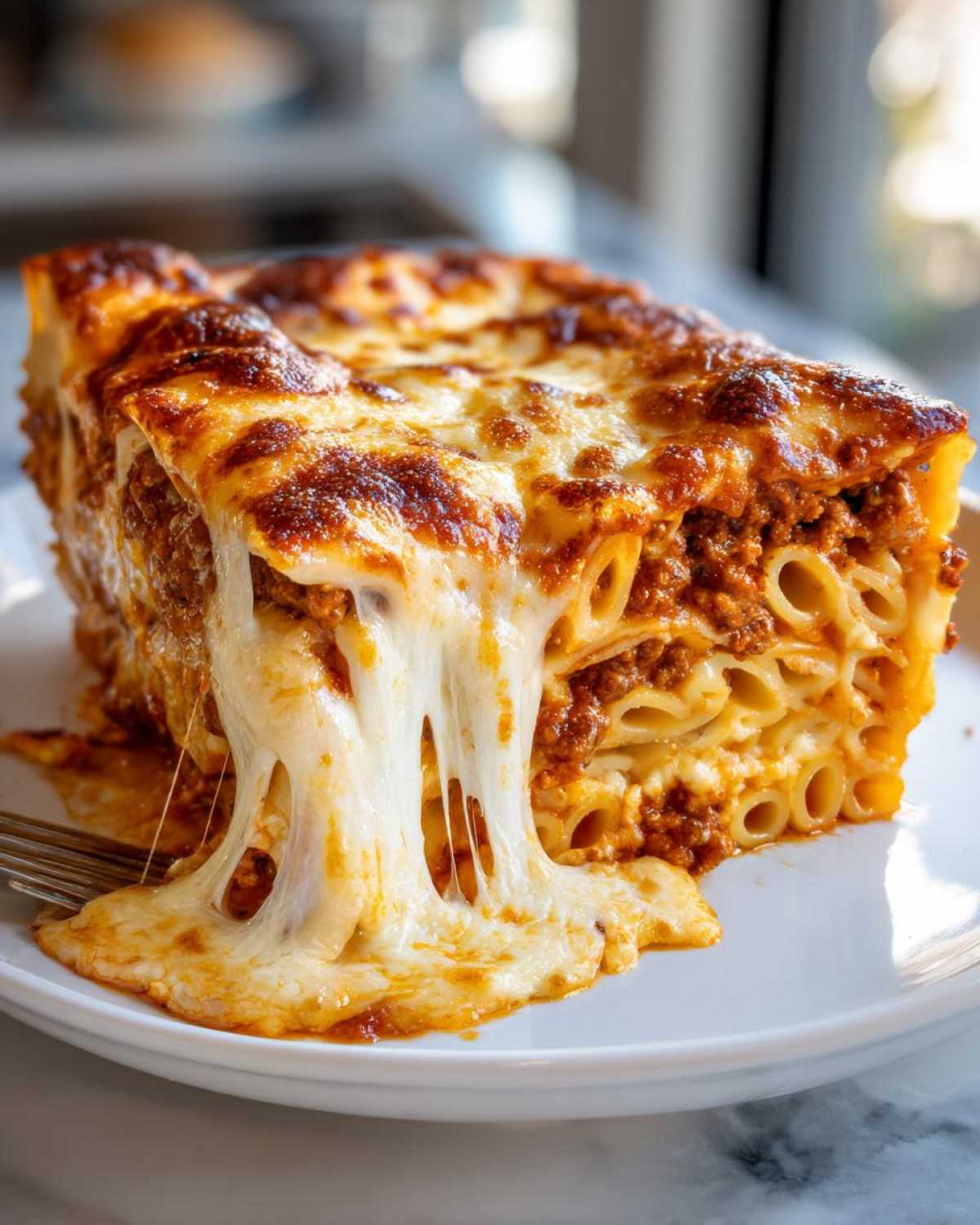 A decadent slice of baked ziti pasta bake showing layers of rigatoni, meat sauce, and a dramatic, gooey cheese pull.