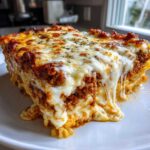 A gooey, cheesy slice of baked pasta bake with rich meat sauce overflowing onto a white plate.