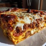 A thick, golden-brown slice of amazing pasta bake layered with meat sauce and melted cheese.