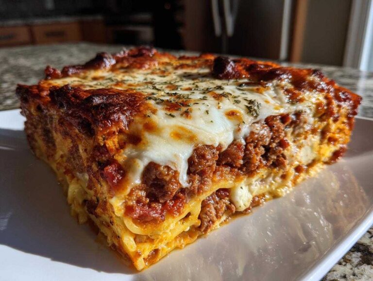 A thick, golden-brown slice of amazing pasta bake layered with meat sauce and melted cheese.