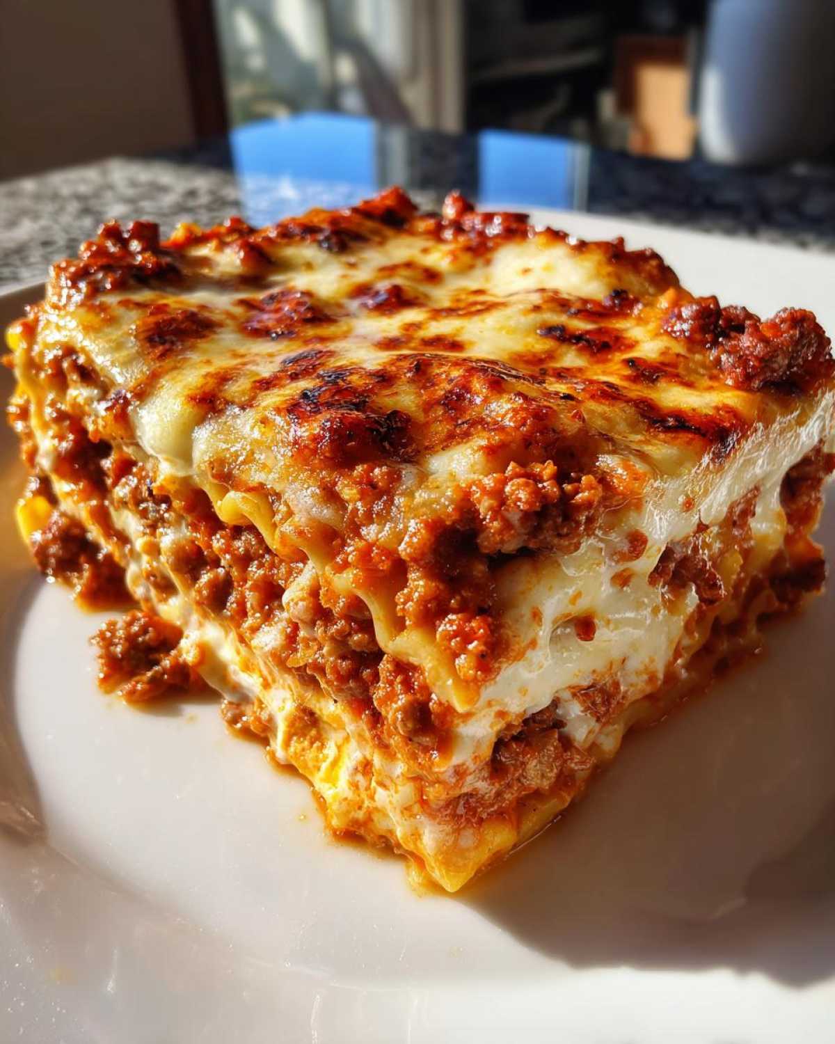 A perfect, cheesy slice of lasagna-style pasta bake with rich meat sauce, served on a white plate.