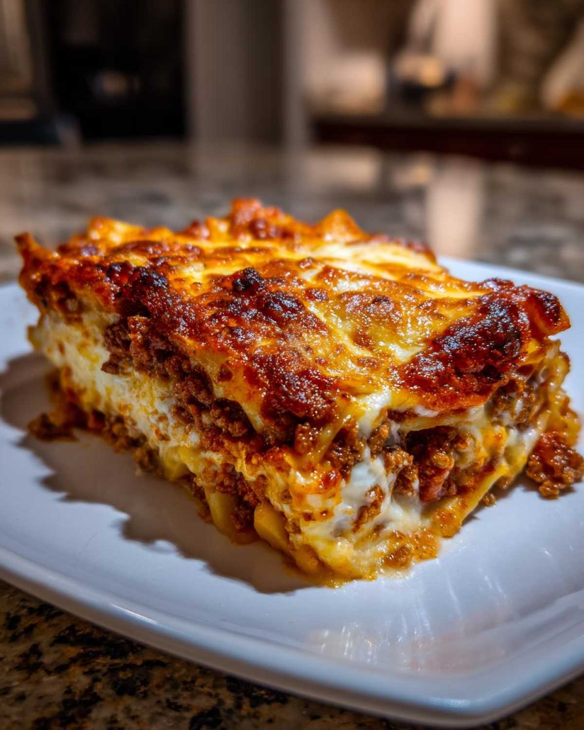 A close-up of a rich, layered slice of pasta bake, showing browned cheese and meat sauce.