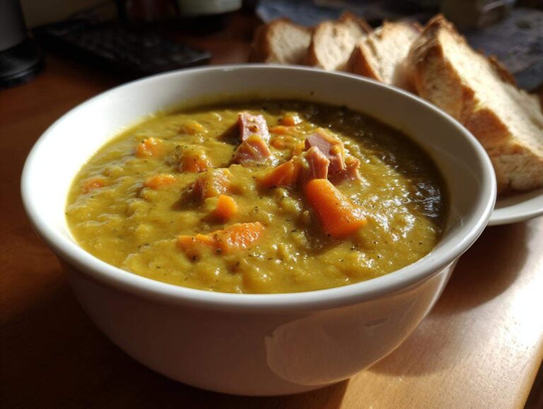 A close-up of a white bowl filled with thick, savory pea soup, topped with chunks of ham and carrots.