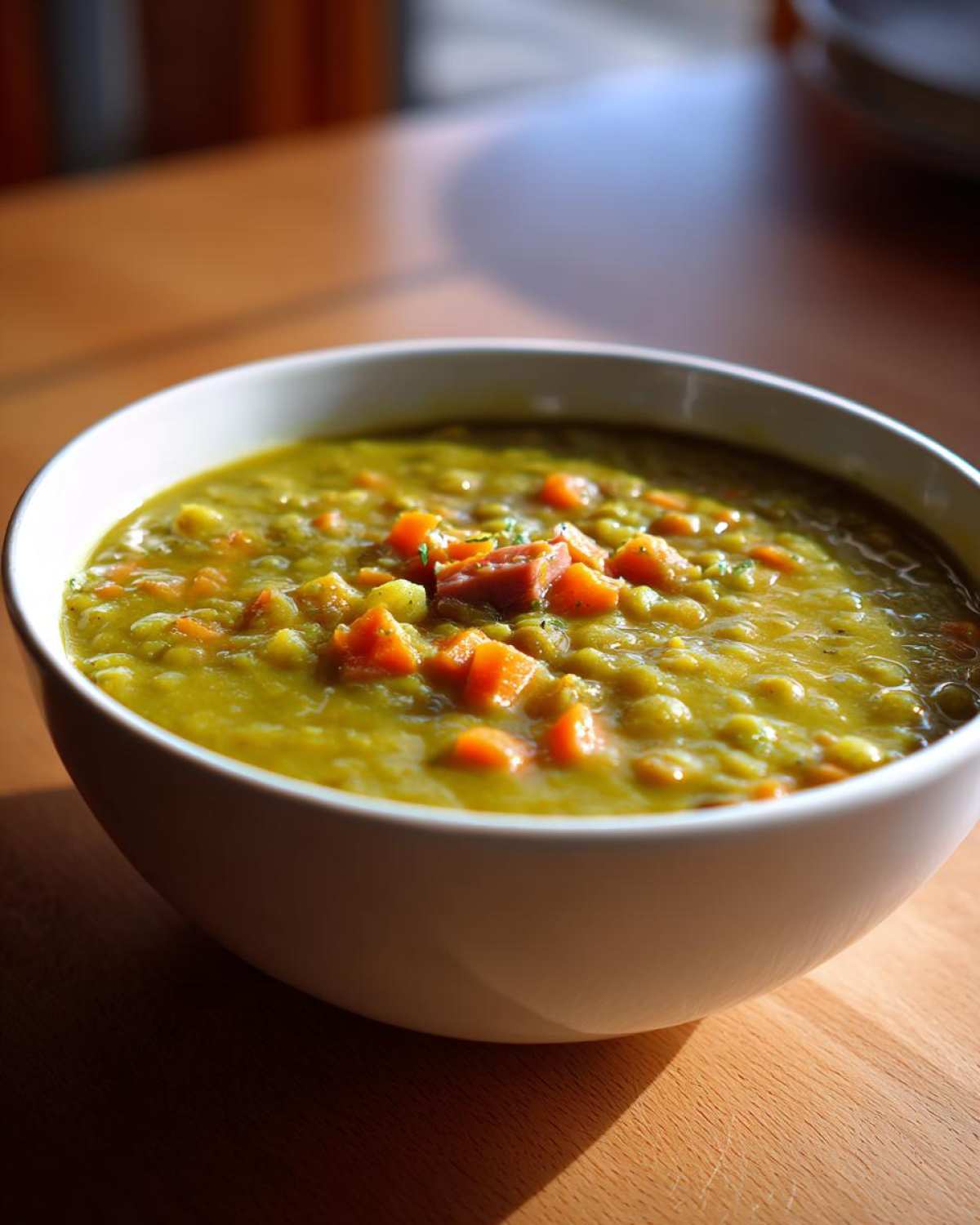 A close-up of a white bowl filled with thick, green pea soup topped with diced carrots and ham.