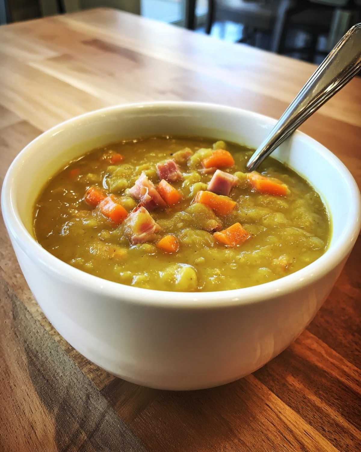 Close-up of a white bowl filled with thick, green pea soup topped with diced ham and carrots, resting on a wooden table.