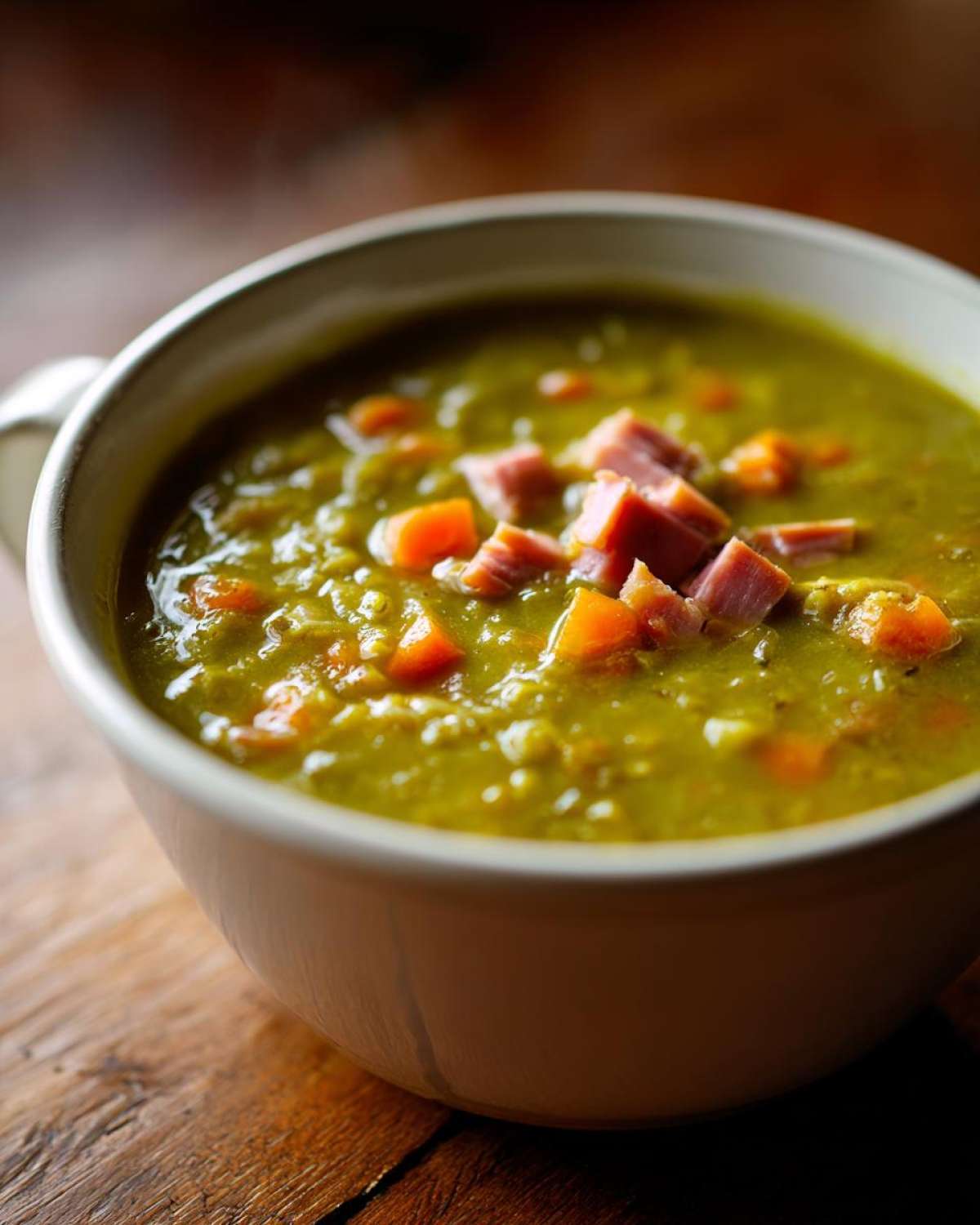 Close-up of a bowl of thick, green pea soup topped with diced ham and carrots.