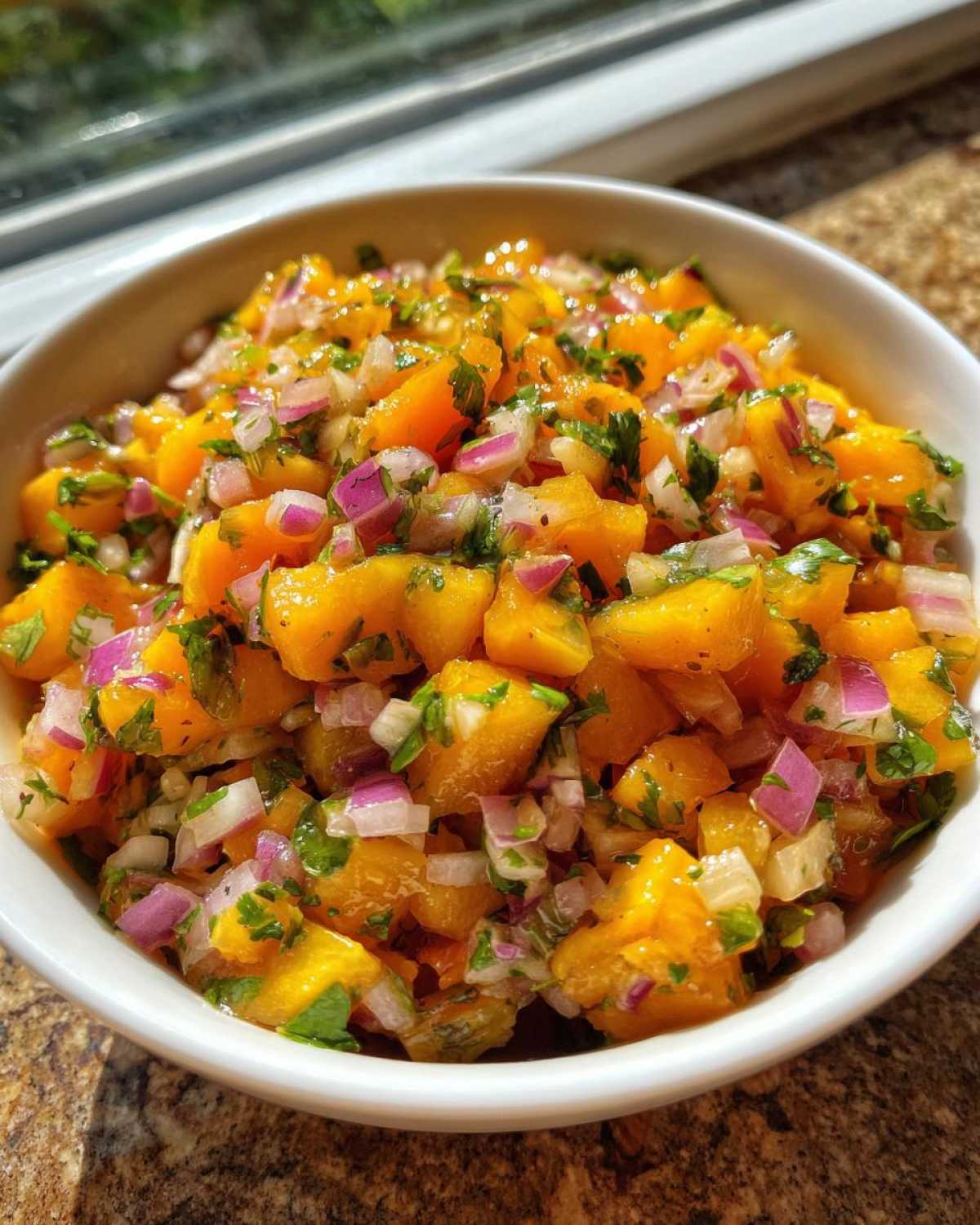 Close-up of a white bowl filled with bright, chunky peach salsa featuring diced peaches, red onion, and cilantro.