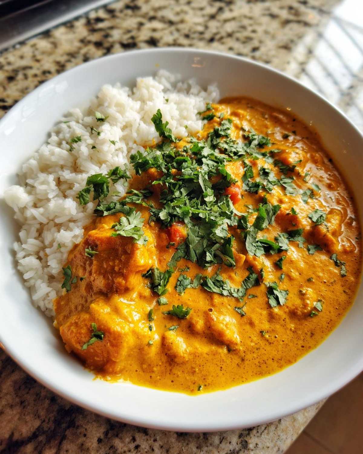 A white bowl filled with rich orange pumpkin curry served next to fluffy white rice, garnished with fresh cilantro.