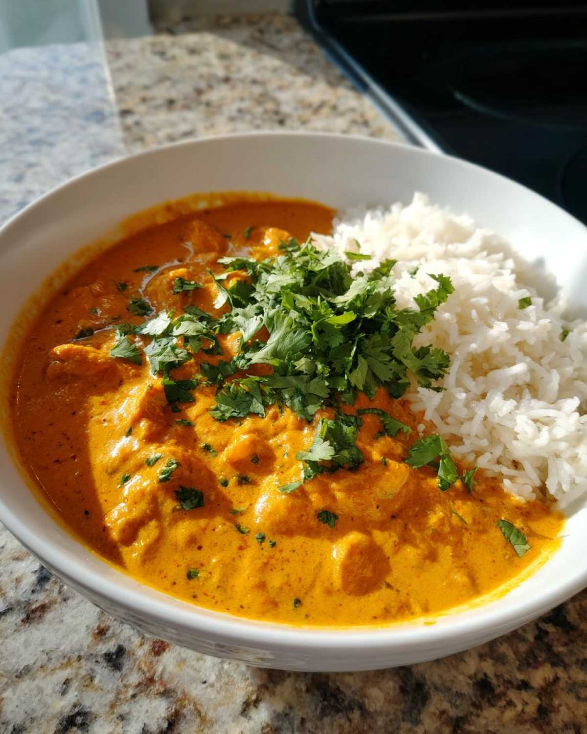 A close-up of a white bowl filled with rich, orange pumpkin curry next to white rice, topped with fresh cilantro.