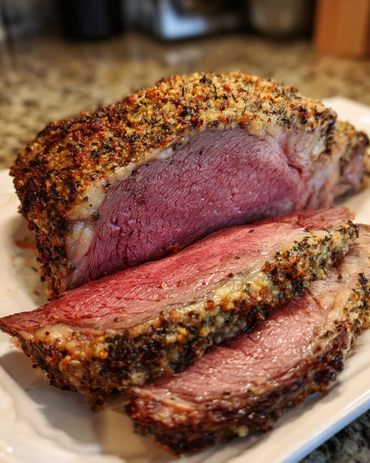 Close-up of a perfectly cooked medium-rare rib roast, sliced to show the pink interior and seasoned herb crust.
