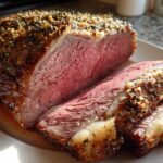 Close-up of a perfectly cooked medium-rare rib roast, sliced to show the pink interior and herb crust.