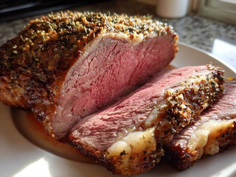 Close-up of a perfectly cooked medium-rare rib roast, sliced to show the pink interior and herb crust.