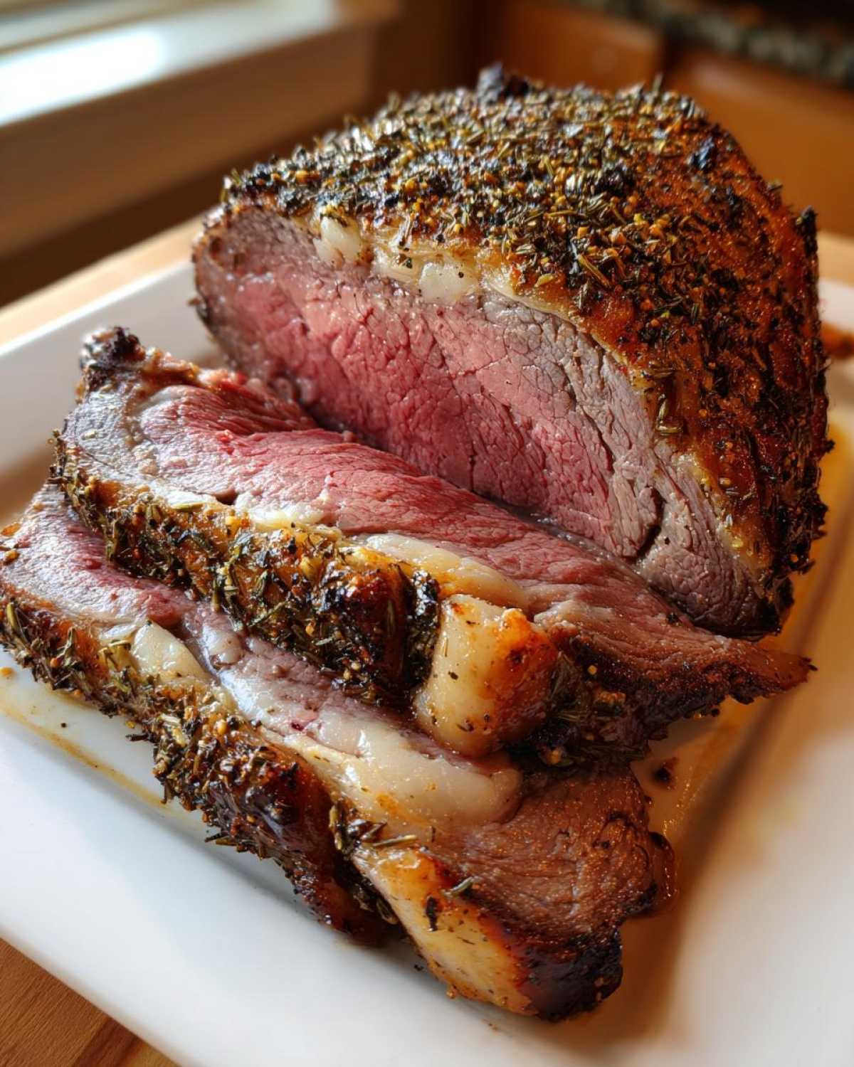 Close-up of a perfectly cooked rib roast, sliced to show medium-rare center and herb crust.