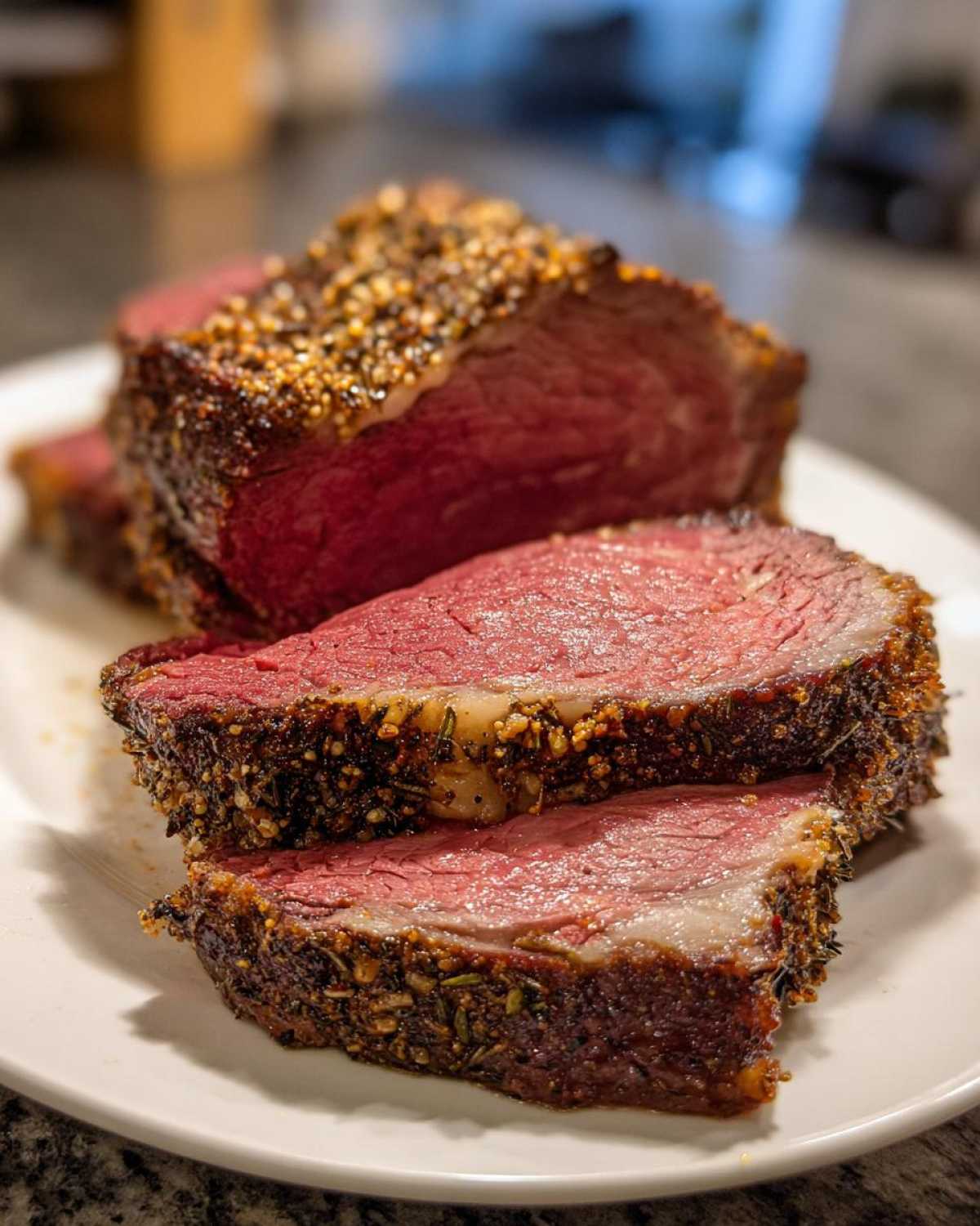 Close-up of thick slices of perfectly cooked rib roast showing a deep red center and a thick, seasoned crust.