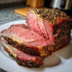 Close-up of a perfectly cooked medium-rare rib roast, sliced to show the pink center and herb crust.