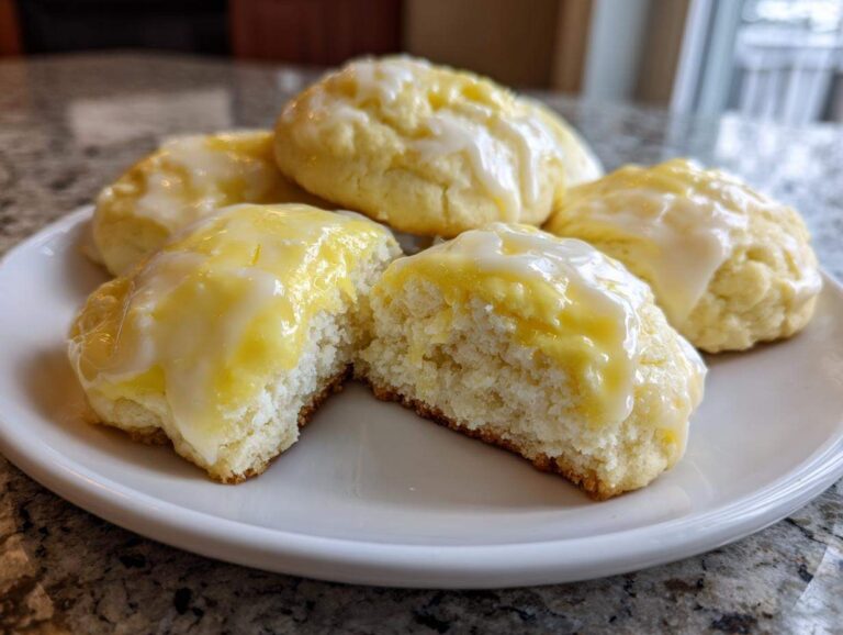 A plate of soft ricotta cookies topped with a thick, glossy lemon glaze, one cookie is broken open.