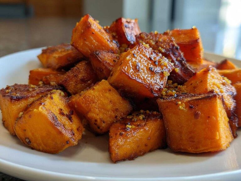 Close-up of beautifully caramelized, cubed roasted sweet potatoes sprinkled with seasoning.