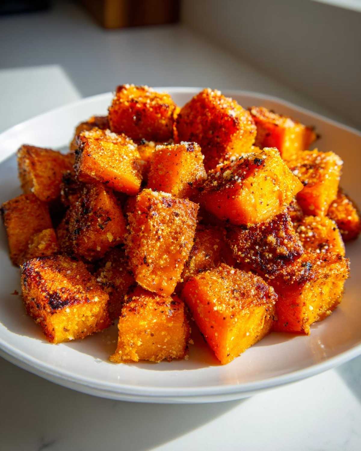 Close-up of perfectly roasted sweet potatoes cubes coated in a savory crust, served on a white plate.