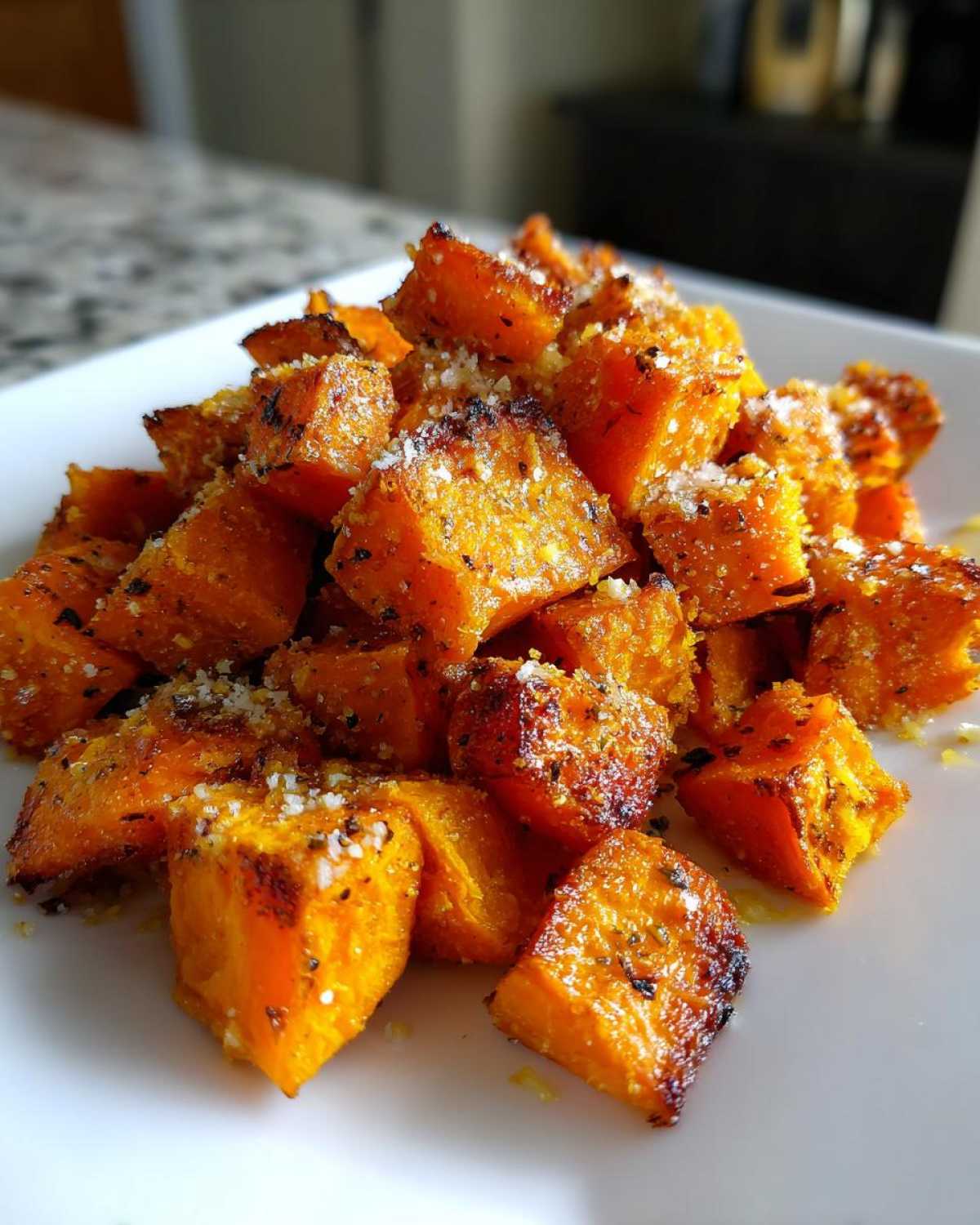 Close-up of perfectly roasted sweet potatoes cubes seasoned with herbs and grated cheese.