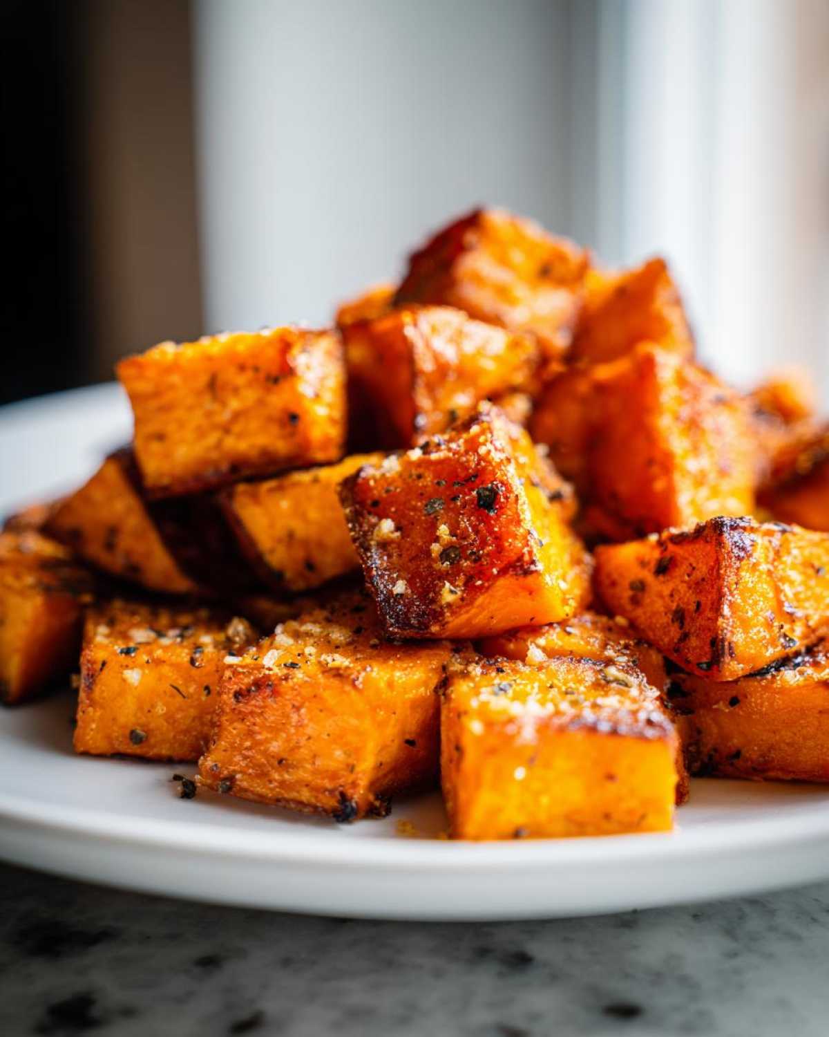 Close-up of a pile of perfectly seasoned and caramelized roasted sweet potatoes cubes on a white plate.