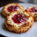 Close-up of three delicious strawberry cheesecake cookies featuring a bright red jam center on a white plate.