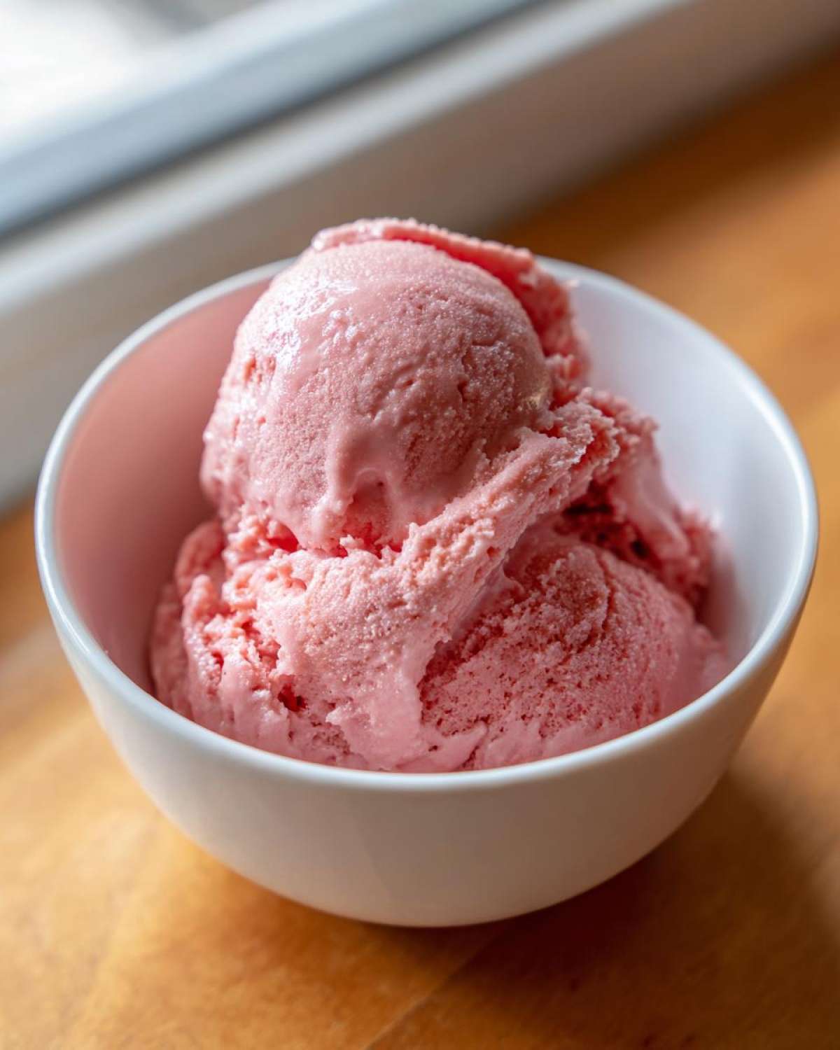 Close-up of several scoops of pink strawberry ice cream melting slightly in a white bowl.