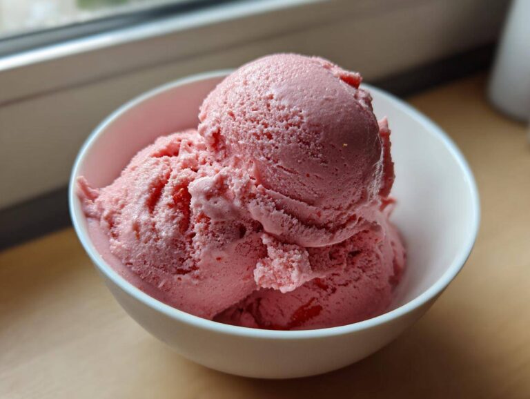 Two scoops of vibrant pink strawberry ice cream served in a white bowl.